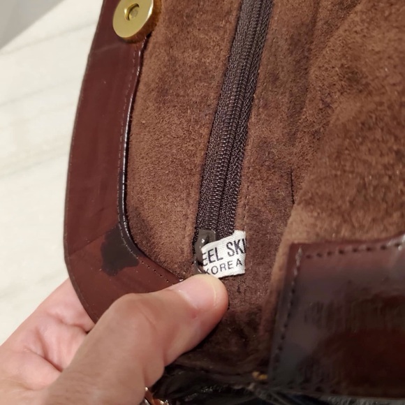 Vintage Dark Brown Genuine Eel Skin Leather Clutch Convertible Shoulder Bag - Picture 8 of 9